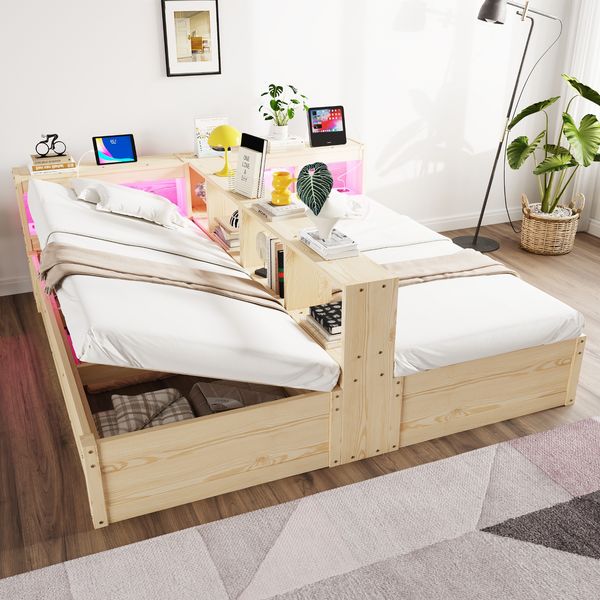 Schlafsofa 90/180 × 200 cm, Ausgestattet Mit Einer Euro-Steckdose Und Mehreren Staufächern, Mit LED-Lichtleiste, Hydraulischem Bettmechanismus, Multifunktionalem Holzbett, Doppelbett, Holzfarbe