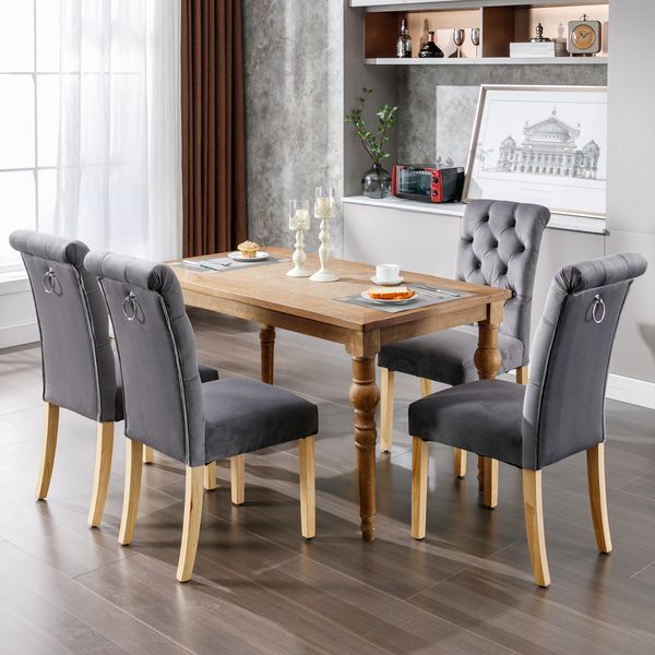 Samt Esszimmerstuhl 4er-Set mit Eichenholzbeinen, Knopfdetails & silberner Zuglasche, moderner Loungesessel,Grau