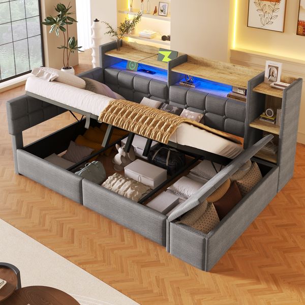 Merax Polsterbett 140 × 200 cm, Tagesbett, Daybett, Schlafsofa, mit hydraulischer Lagerung, USB- und Typ-C-Anschlüssen, Ablagefach, Stauraumbank am Fußende, LED-Lichtleiste, Samt, Dunkelgrau