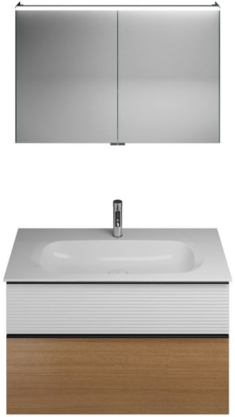 Burgbad FIUMO Waschtisch Set mit Spiegelschrank 102 cm breit, Weiß/Braun, Waschbecken Gussmarmor Weiß