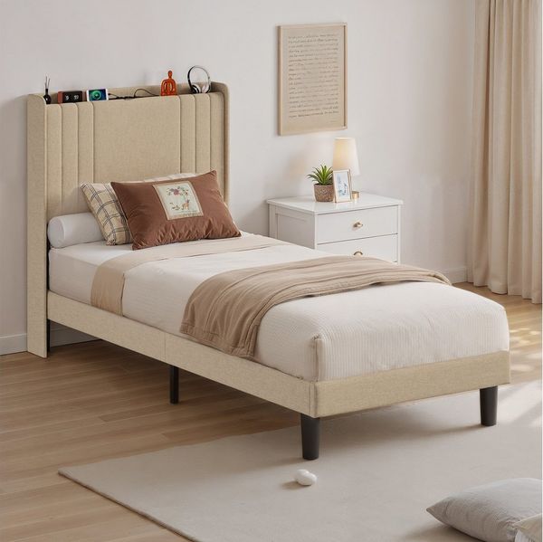 Bealife Polsterbett lsterbett Einzelbett,Bettgestell mit Kopfteil, Steckdosen, LED-Licht (2 Modelle (90x200, 120x200)