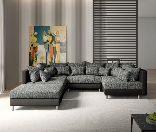 DELIFE Wohnlandschaft Clovis, Schwarz mit Hocker Wohnlandschaft Modulsofa