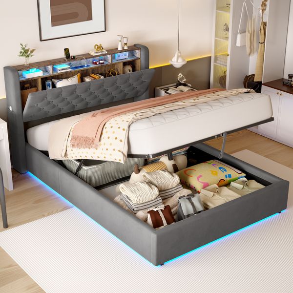 Polsterbett 140×200 cm mit hydraulischem Bettkasten, LED, USB/USB-C und Ablage, Grau