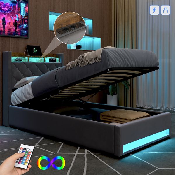 Polsterbett mit Lattenrost Samt,erhältlich Hochelastischer Schaum,Mit LED-Lichtleiste und USB-Aufladung,90*190cm