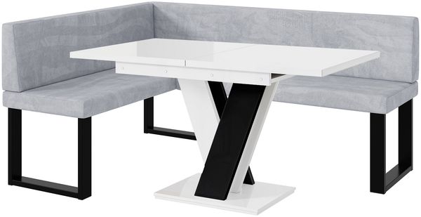 MEBLINI Eckbank für Esszimmer mit ausziehbarem Tisch - Küchenbank - Essecke - Sitzecke Küche - TONI - U-Beine 128x168x87cm Links - Hellgrau Samt/M Weiß-Schwarz Hochgl.