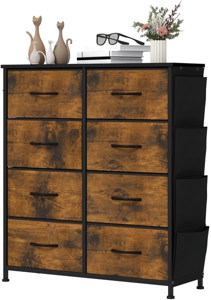 YITAHOME Kommode,Kommode mit 8 Schubladen,Kommodenschrank mit Haken und Seitentaschen,Stoffschubladen mit Griffen,Metallgestell,Dauerhaft,Rustikal Braun