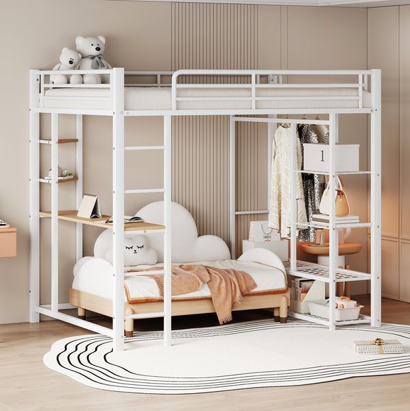 Hochbett 140x200 cm mit Schreibtisch, Regal und Kleiderstange – Metallbett in Weiß