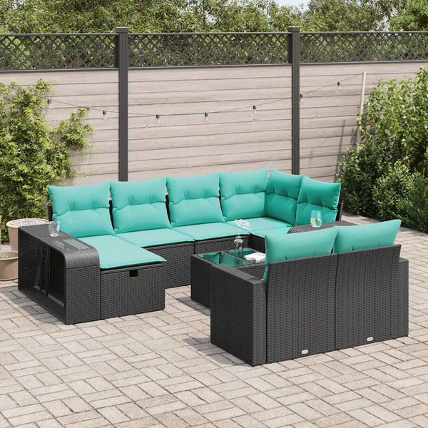 vidaXL 11-tlg. Garten-Sofagarnitur mit Kissen Schwarz Poly Rattan 3326071