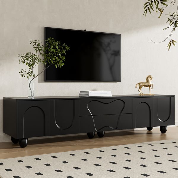 TV-Schrank Schwarz 180cm mit Naturholzbeinen ,modernes Lowboard mit Schubladen, Fächern und Stauraum