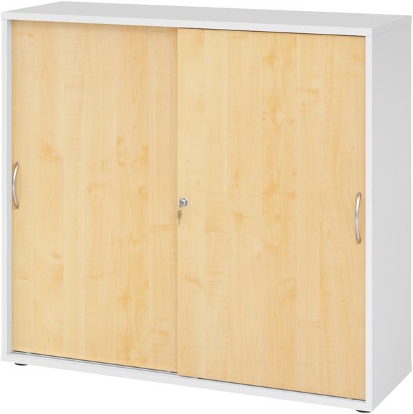 bümö Schiebetürenschrank 3OH - Aktenschrank abschließbar, Sideboard Schrank mit Schiebetüren in Weiß/Ahorn, Bogengriff - Büroschrank aus Holz mit Schiebetür, Büro Kommode für Ordner & Co, 1753S-W-3-BM