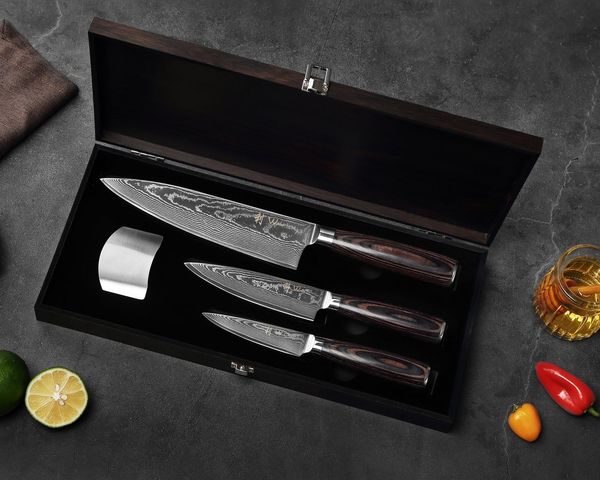 Wakoli Messer-Set EDIB Essentials 3er Damastmesser-Set Küchenmesser Kochmesser (Damastmesser mit Geschenkbox, 3-tlg, 3er Chefmesser-Set), VG10 Kern, 67 Lagen Damaststahl, Pakkaholzgriff, inkl. Geschenkbox