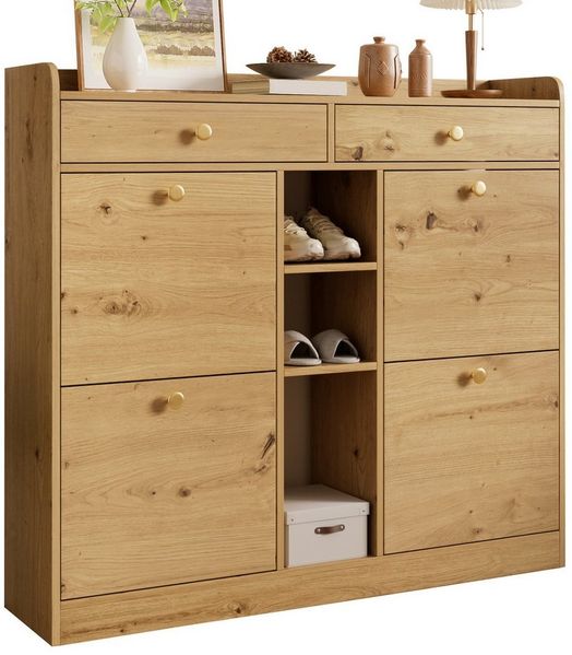BlingBin Schuhschrank Schuhregal Schuhkipper Schuhkommode (für 14 bis 18 Paar Schuhe, 1-St, mit mit 4 Klapptüren, 2 Schubladen und 3 offenen Fächern) für Flur, Schlafzimmer und Wohnung, 110Lx26Bx100H cm, Holzfarbe