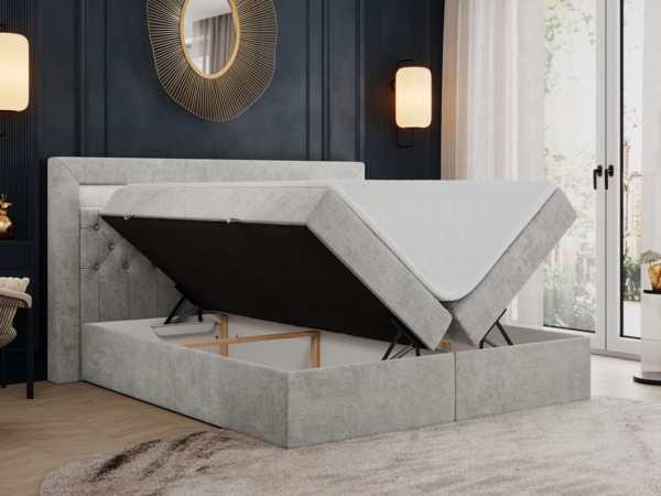 Boxspringbett - Doppelbett mit Multipocket-Matratze und LED - GOLD-6 - 160x200cm - Hellgrau Stoff - H4 Bild 2