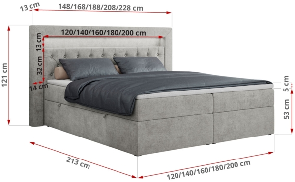 Boxspringbett - Doppelbett mit Multipocket-Matratze und LED - GOLD-6 - 160x200cm - Hellgrau Stoff - H4 Bild 5