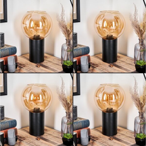 hofstein Tischleuchte Tischlampe aus Metall/Glas in Schwarz/Bernsteinfarben, ohne Leuchtmittel, Leuchte im Retro/Vintage-Design mit Glasschirm (20 cm), 1 x E27