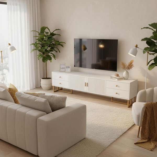 FurnitureR TV-Lowboard mit 3D-Strukturfront, zweifarbiger Holzoptik & goldenen Metallbeinen, modernes Design für Wohnzimmer