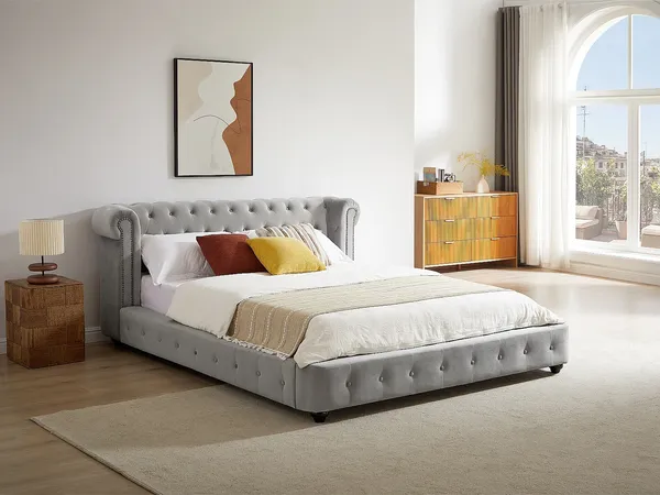 Vente-unique - TONGERLA Bett SamtStoff Grau - B 246 cm x H 92 cm x L 202 cm