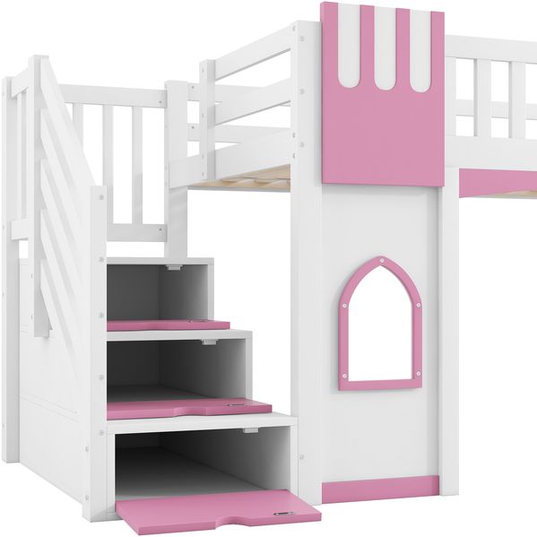 90 x 200 cm Hochbett mit Stauraumtreppe und Fenster, Weiß+Rosa Bild 10