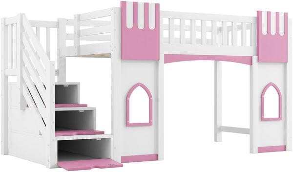 90 x 200 cm Hochbett mit Stauraumtreppe und Fenster, Weiß+Rosa Bild 7