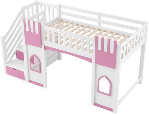 90 x 200 cm Hochbett mit Stauraumtreppe und Fenster, Weiß+Rosa Bild 9