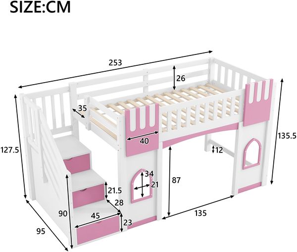 90 x 200 cm Hochbett mit Stauraumtreppe und Fenster, Weiß+Rosa Bild 6