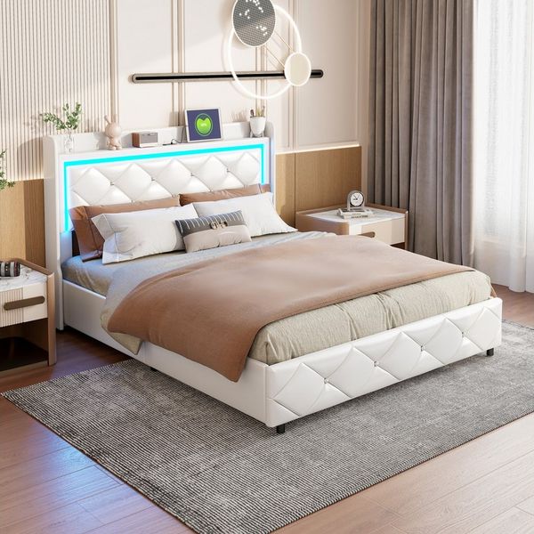 PXloue Stauraumbett Polsterbett LED Doppelbett (Kopfteil inklusive 2 USB-Anschlüsse und 1 Typ-C-Ladeport), mit Hydraulischer Hubbettkasten und Lattenrost,Kunstleder,140x200 cm