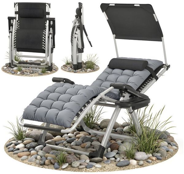 Norvéa Home Relaxliege Relaxliege Gartenliege klappbar mit Sonnendach Polster 150 kg, Einzelartikel, 6-fach verstellbar, klappbar, mit Auflage und Kopfkissen