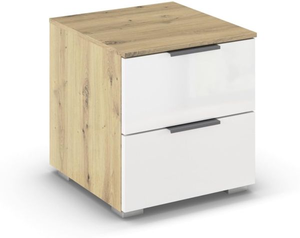 Rauch Möbel Alabama, Nachttisch für Schlafzimmer, Kinderzimmer, Gästezimmer, mit 2 Schubladen, Soft-Close-Funktion, Farbe Hochglanz Weiß/Eiche Artisan, Holz, Griff Grau metallic, Maße 40 x 42 x 42 cm