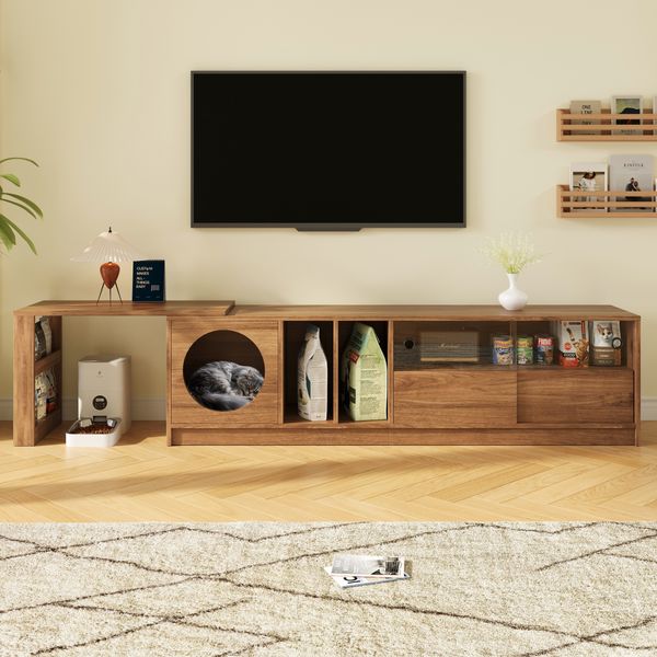 TV-Schrank mit integriertem Katzenbett-Bereich, ausziehbar und flexibel kombinierbar, Fernsehtisch mit Glasfront und Nussbaumoptik