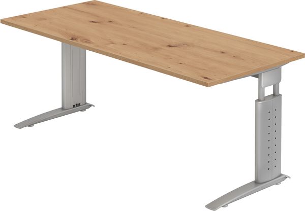 bümö höhenverstellbarer Schreibtisch U-Serie 180x80 Asteiche, Gestell in Silber - großer PC Tisch für's Büro manuell höhenverstellbar, Computertisch verstellbar, US-19-R-S