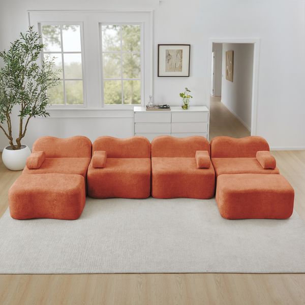 Ecksofa modular in Orange, Samtbezug, rahmenloses Wohnzimmersofa mit tiefer Sitzfläche und flexibler U-/L-Form,70x384x167 cm