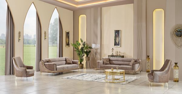Sitzgruppe/Sofa Set - Wohnzimmergarnitur "Elva" 3+3+1+1-Hellbraun/Beige