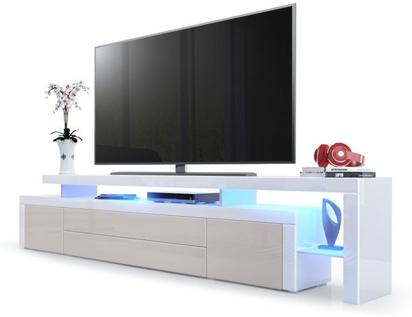TV Board Lowboard Leon V3, Korpus und Überbau in Weiß Hochglanz / Front in Sandgrau Hochglanz mit Rahmen in Weiß Hochglanz inkl. LED Beleuchtung (227 x 52 x 35 cm)