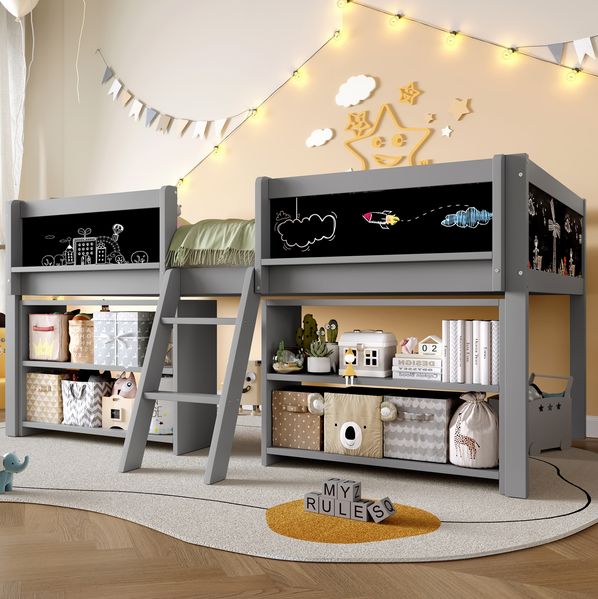 Halbhohes Bett 90x200 cm mit Ablagefächern und Leiter – Kinderbett aus Kiefernholz und MDF in Grau