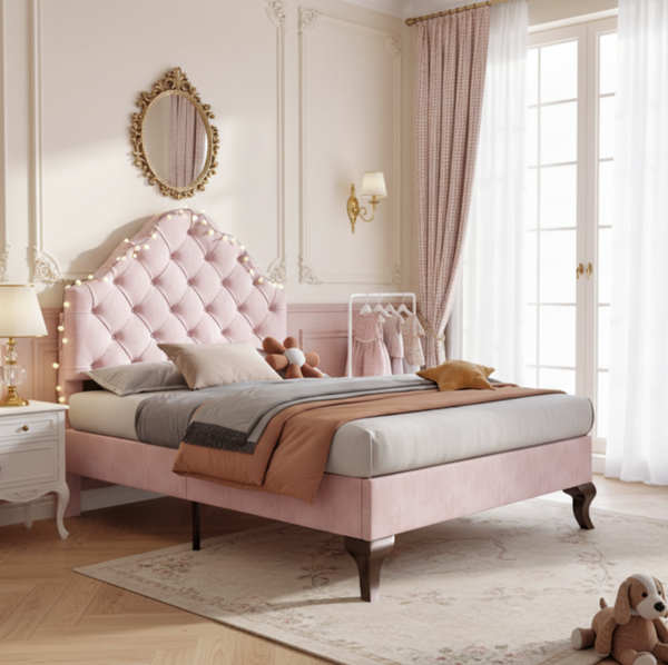 Polsterbett 90x200 cm aus Samt in Rosa mit Lattenrost und höhenverstellbarem Kopfteil