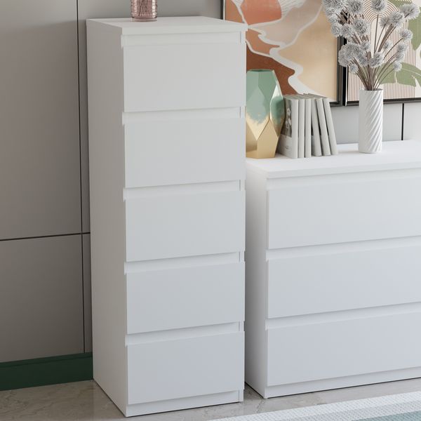 Forte EDMORE Kommode 40 50, moderne, vertikale Kommode mit 5 Schubladen, Holzwerkstoff, Weiß, 41,8 cm breit x 128 cm hoch x 42,2 cm tief