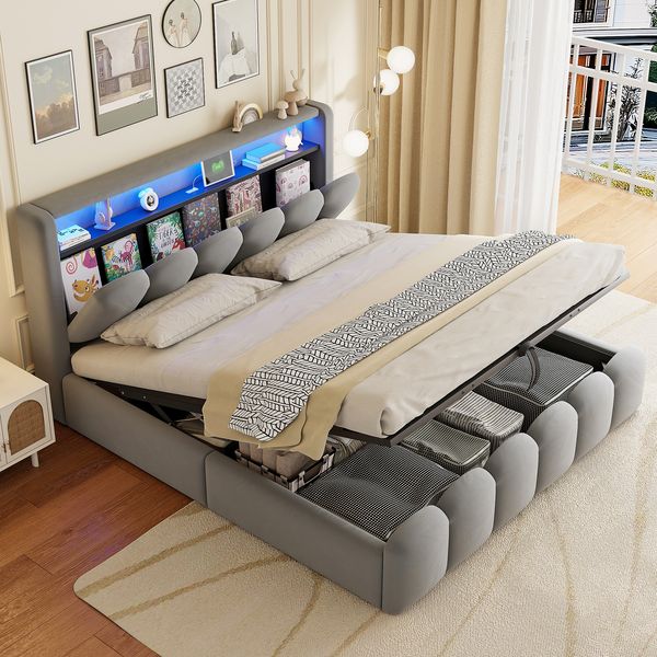 Polsterbett 180*200, Ausgestattet mit hydraulischer Staufunktionund Stauraum im Kopfteil, Doppelbett, Samtstoff,mit USB- und Typ-C-Anschlüssen, mit LED, weichem Samtstoff und Blütenblattdesign,Grau (O
