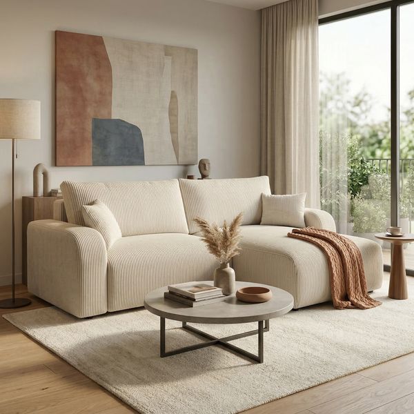 Wohnero24 Habana Mini Ecksofa 248x153 cm mit Schlaffunktion 204x133 cm – Eckcouch mit Bettkasten – Cord Creme Sofa L-Form – Wohnlandschaft Klein – Universal Montierbar