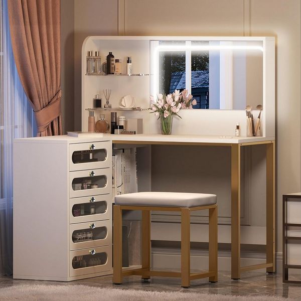 PXloue Schminktisch L-Typ Frisiertisch set mit LED-Beleuchtung Spiegel (Stauraum, modern (120 x 80 x 135 cm), Mit 5 Schubladen, Drei einstellbare LED-Leuchten