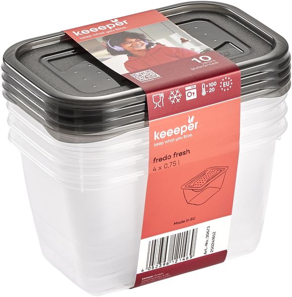 keeeper fredo fresh Frischhaltedosenset 4-teilig, 4x0,75 l, Crystal Grey (Transparent)