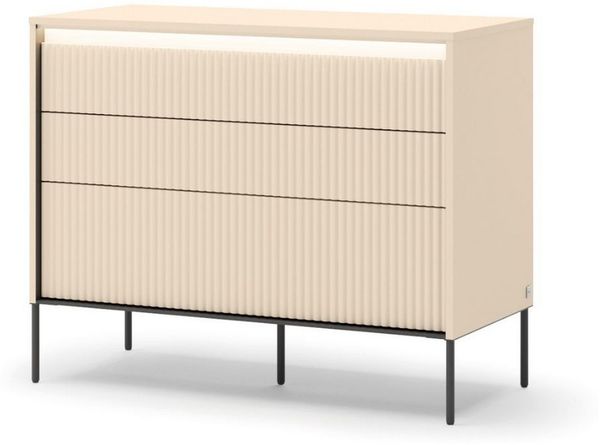 Compleo Kommode mit 3 Schubladen FLORE, Beige modern Kommode mit LED und Lamellen