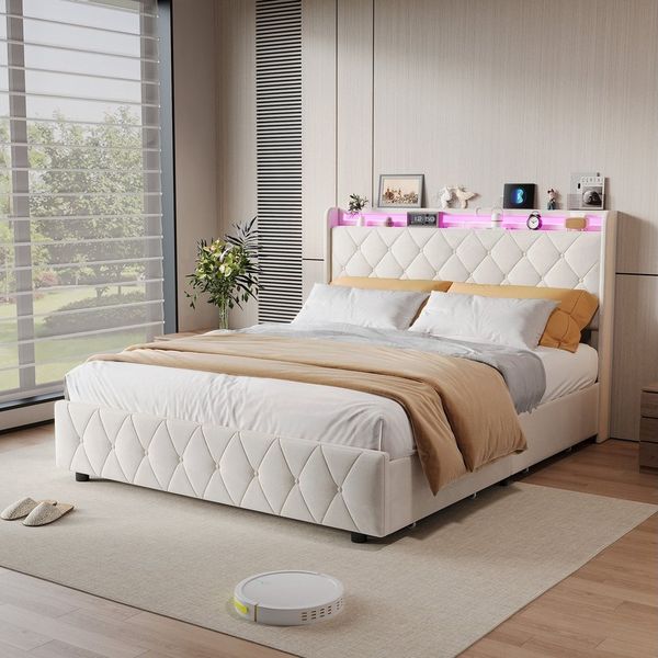 ADWOLT Stauraumbett Polsterbett mit Lattenrost und LED-Beleuchtung, Jugendbett 160x200 cm mit USB&Type-C,Doppelbett mit 4 Schubladen,Beige