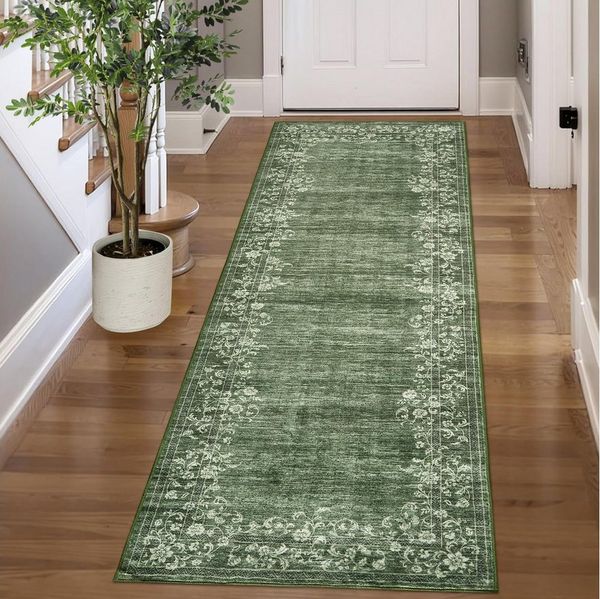 GarveeMore Veloursteppich Waschbarer Vintage Teppich Designteppich Läufer mit floraler Bordüre, Moderner Kurzflor, rutschfest, pflegeleicht & schmutzabweisend