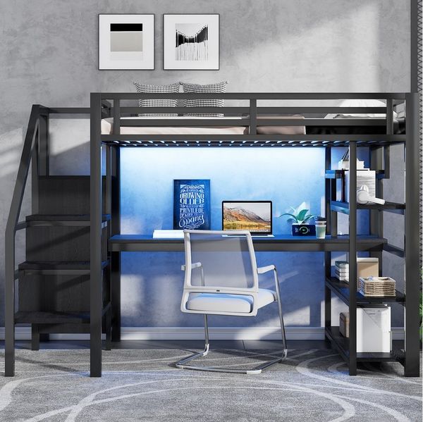 Flieks Hochbett Kinderbett Metall 140x200cm mit Treppe Schreibtisch Regal LED&Aufladen