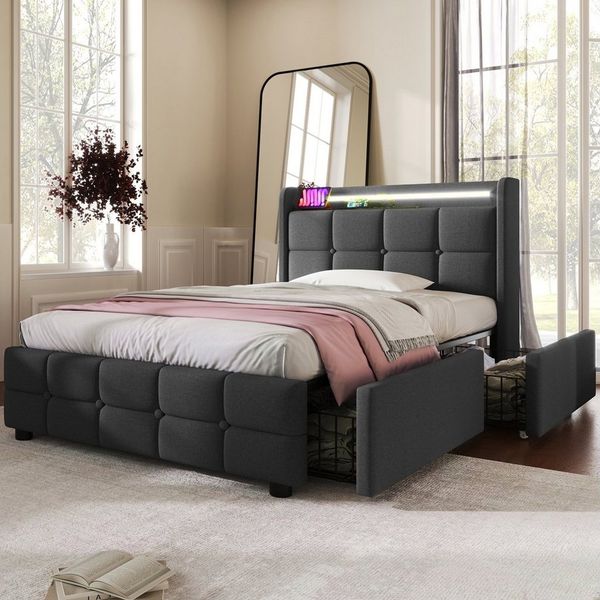 Flieks Polsterbett, LED-Beleuchtung Einzelbett 90x200cm mit Ladefunktion und 2 Schubladen