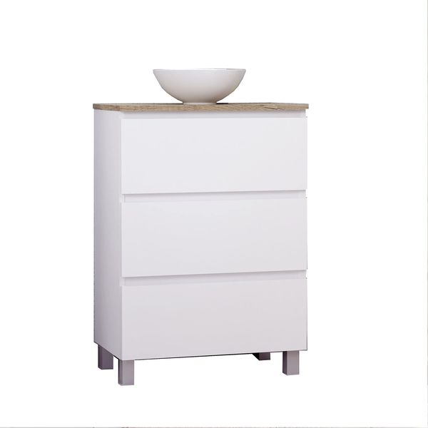 Baikal Ness-Badezimmermöbel-Set, speziell für kleine Badezimmer. Bodenmöbel auf 36 cm, inkl. Waschbecken aus Keramik, montiert, DREI Schubladen, 60 cm, Weiß