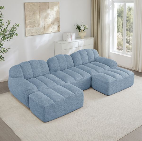 Modulares Ecksofa 3-Sitzer 79cm×228cm×165cm in U- oder L-Form – mit 2 Ottomane, 32D Schaumstoff und weichem Fleece in Blau