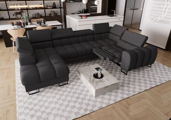 Wohnlandschaft Schlafsofa BASTIEN RELAX in Stoff Gemma Dunkelgrau Ottomane Links