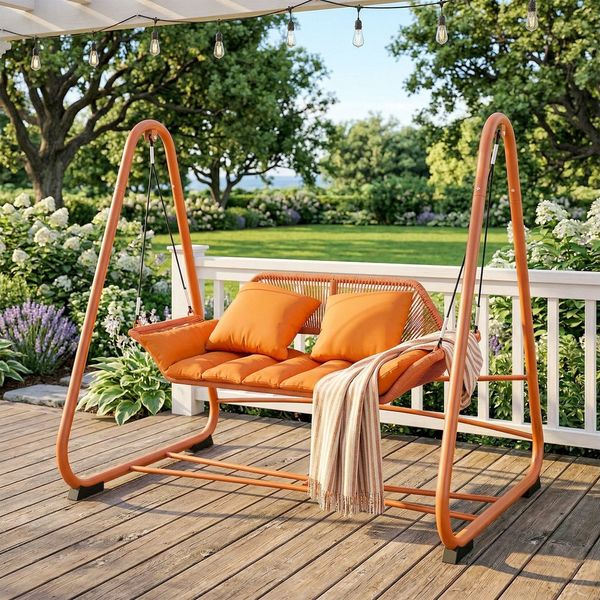 Outsunny Hollywoodschaukel mit Kissen, Gestell, 2-Sitzer, Schaukelfunktion, Gartenschaukel, 1 tlg, Hängeliege, für Garten, Balkon, 174 x 120 x 162 cm, Metall, Terrakotta