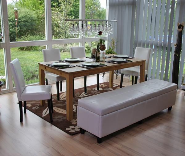 Garnitur Sitzgruppe Bank mit Aufbewahrung Kriens XXL+4 Stühle Littau, Leder ~ weiß